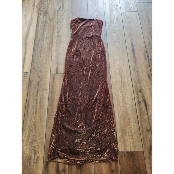 Jessica McClintock Gunne Sax Millennium 2000 Strapless Maxi Dress‎ Gold Leopard - Picture 1 of 10